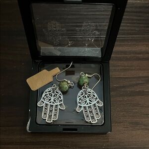 Hamsa Hand Drop Earrings with Green Stone Beads